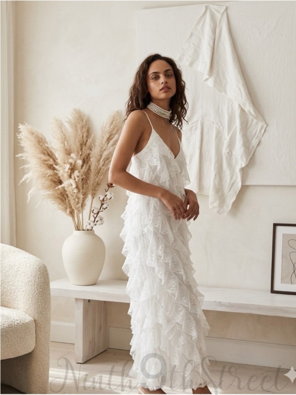 BHLDN Jia Bias-Cut Lace Ruffled V-Neck Gown White Bridal Slip Dress NWT 6 - Picture 2 of 16